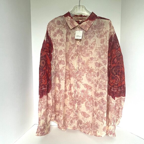 Free People Rose Bud Paisley Cotton Oversized Boho Blouse Red Cream Lightweight - Picture 10 of 13